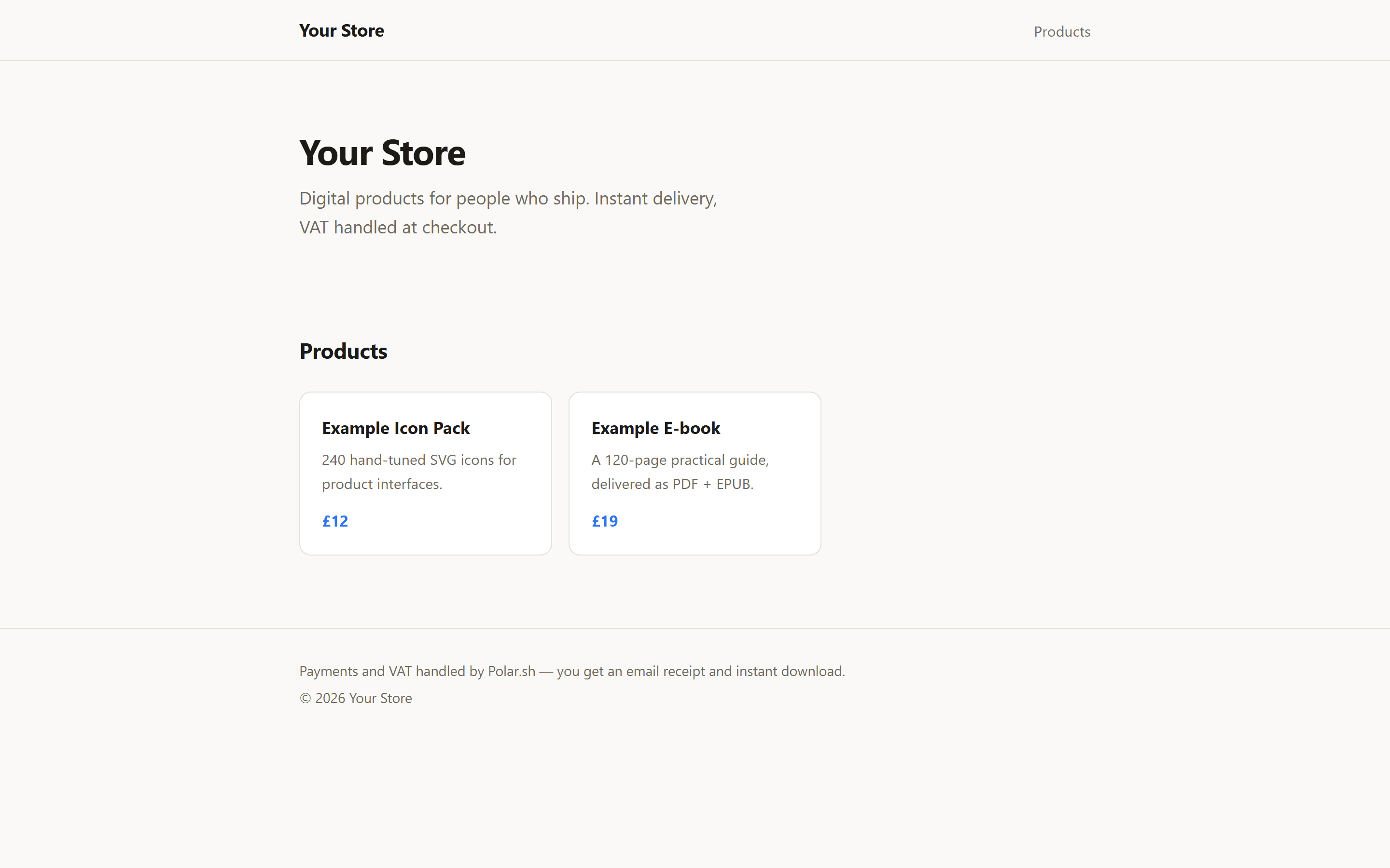 Polar Storefront — Next.js Digital Product Store Template — storefront homepage