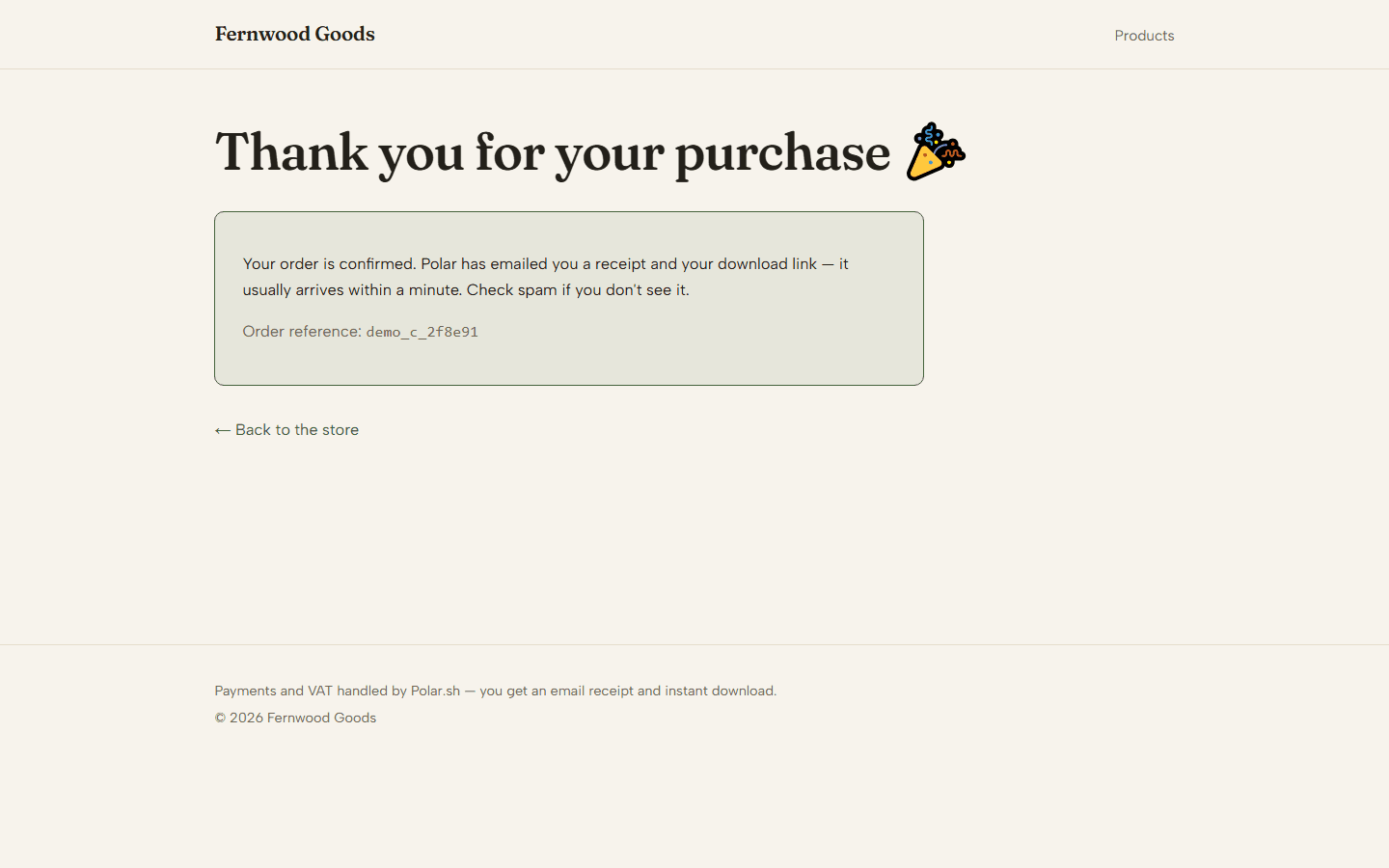 Post-purchase thank-you page with order reference